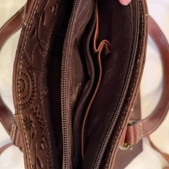FOSSIL | Brown Floral Tooled Embossed Leather Crossbody or Handbag-EUC - Picture 6 of 16